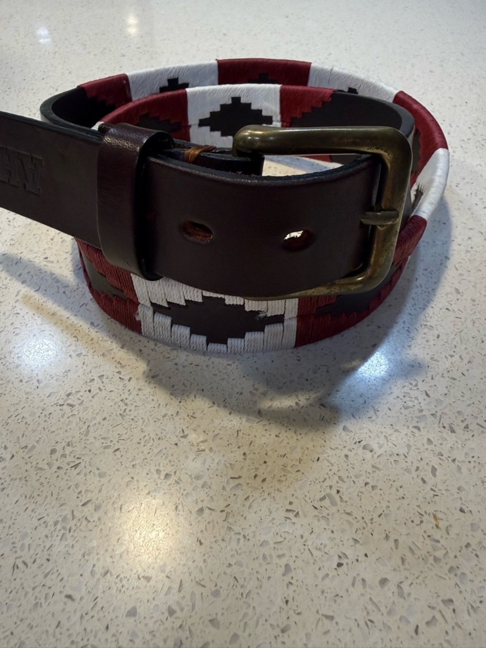 Men's Brown Leather Belt with Red and White Woven Pattern